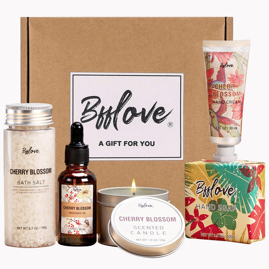 BFFLOVE Women's Gift Set - 5-Piece Cherry Blossom Spa Collection for Birthdays, Valentine's Day, and Anniversaries Featuring Massage Oil, Scented Candle, Bath Salts, and Hand Cream