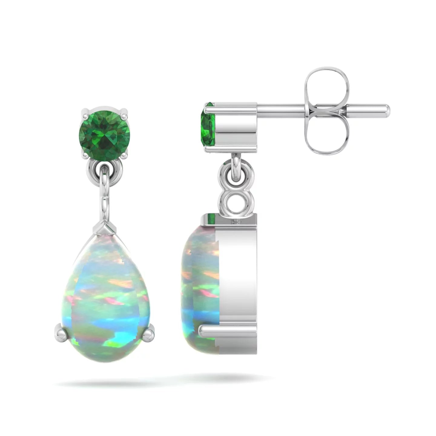 Women's Jewelry Set: Natural Pear-Shaped Opal Pendant Necklace with Created Emerald and Matching Pear-Shaped Opal and Emerald Stud Earrings