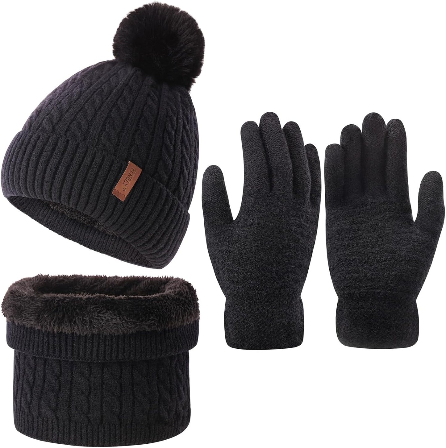3-Piece Women's Winter Beanie, Scarf, and Touchscreen Gloves Set - Classic Knit Fleece-Lined Cable Cap