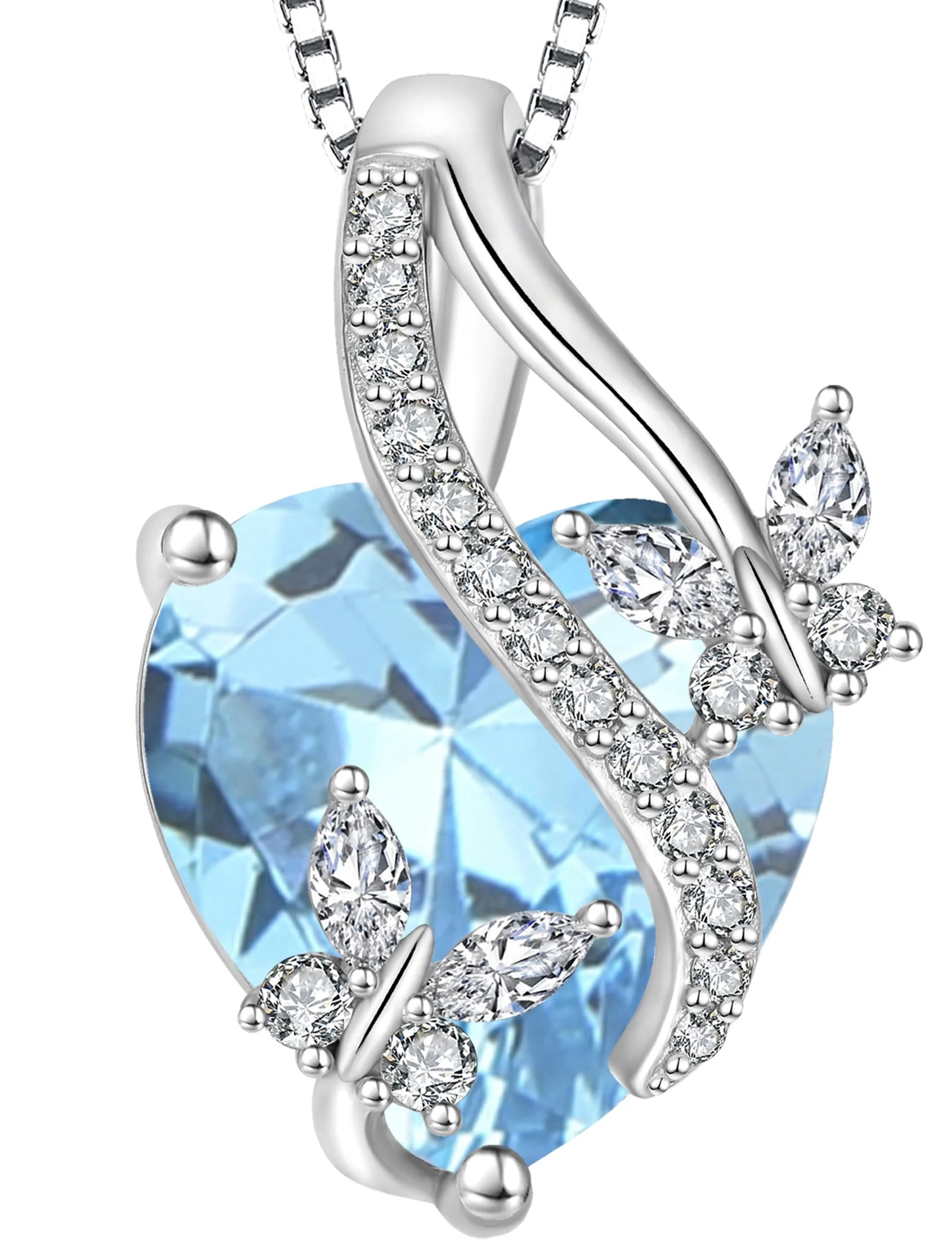 Sterling Silver Infinite Heart Pendant Butterfly Necklace for Women with Created Aquamarine Birthstone - Ideal Jewelry Gift for March Birthdays