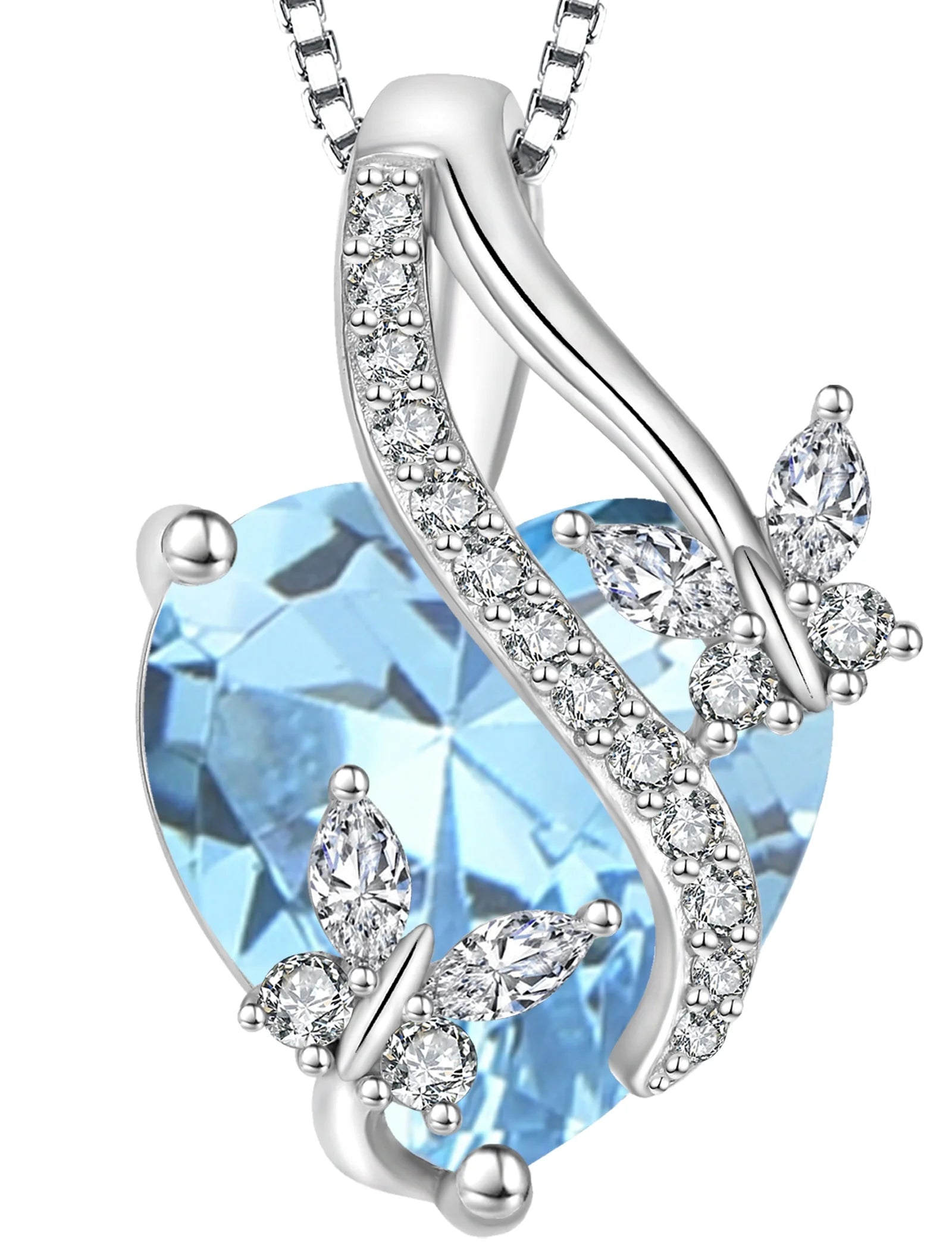 Sterling Silver Infinite Heart Pendant Butterfly Necklace for Women with Created Aquamarine Birthstone - Ideal Jewelry Gift for March Birthdays