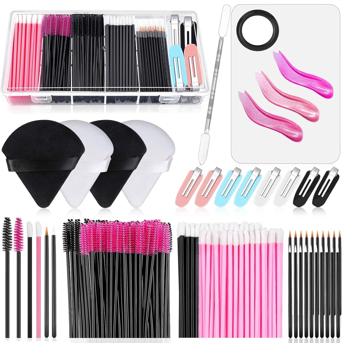 Disposable Makeup Applicators Kit with Triangle Puff Mixing Palette, Mascara Wands, Lip Brushes, Hair Clips, and Powder Puffs in Storage Box