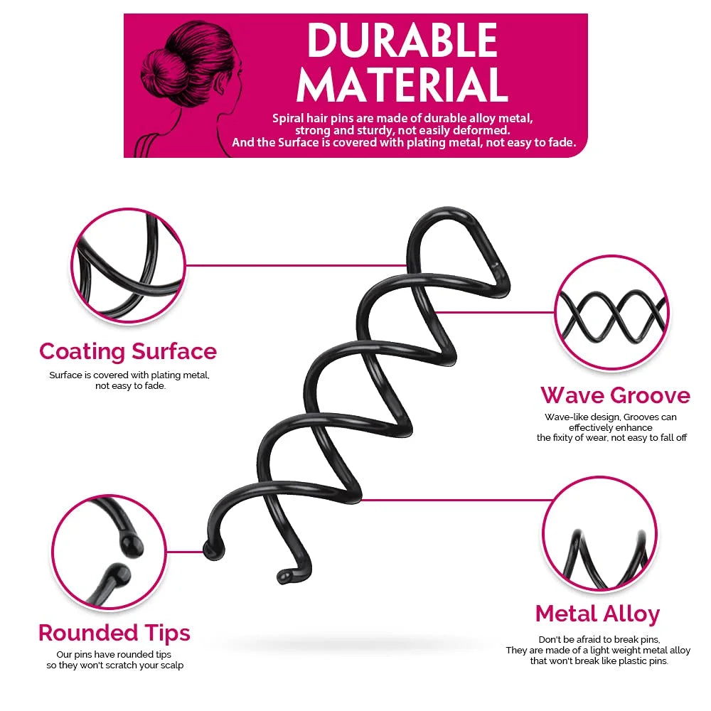 20-Piece Spiral Hair Pin Set, Rotating Non-Scratch Round Tip Twist Screw Hair Pins for Women's Bun Hairstyles, Black Spiral Bobby Pins