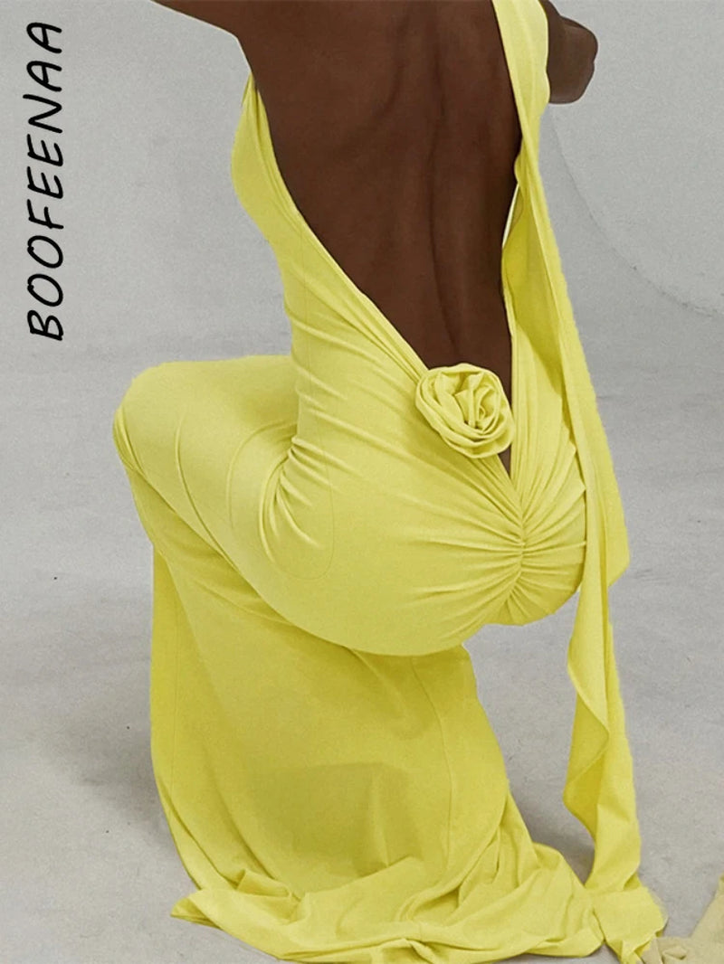 Long Party Dresses for Women Elegant Sexy Floral-Applique Halter Backless Maxi Dress Summer Clothes 2024 C83-CE37