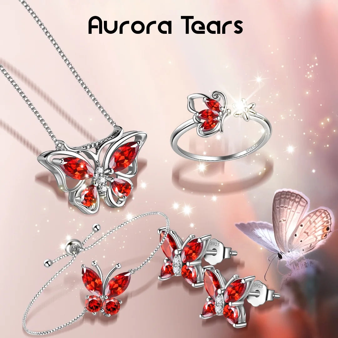 January Birthstone Jewelry Set: Red Butterfly Garnet Fine Necklace, Earrings, Ring, and Bracelet in Sterling Silver - Ideal Gifts for Christmas, Birthdays, and Mother's Day
