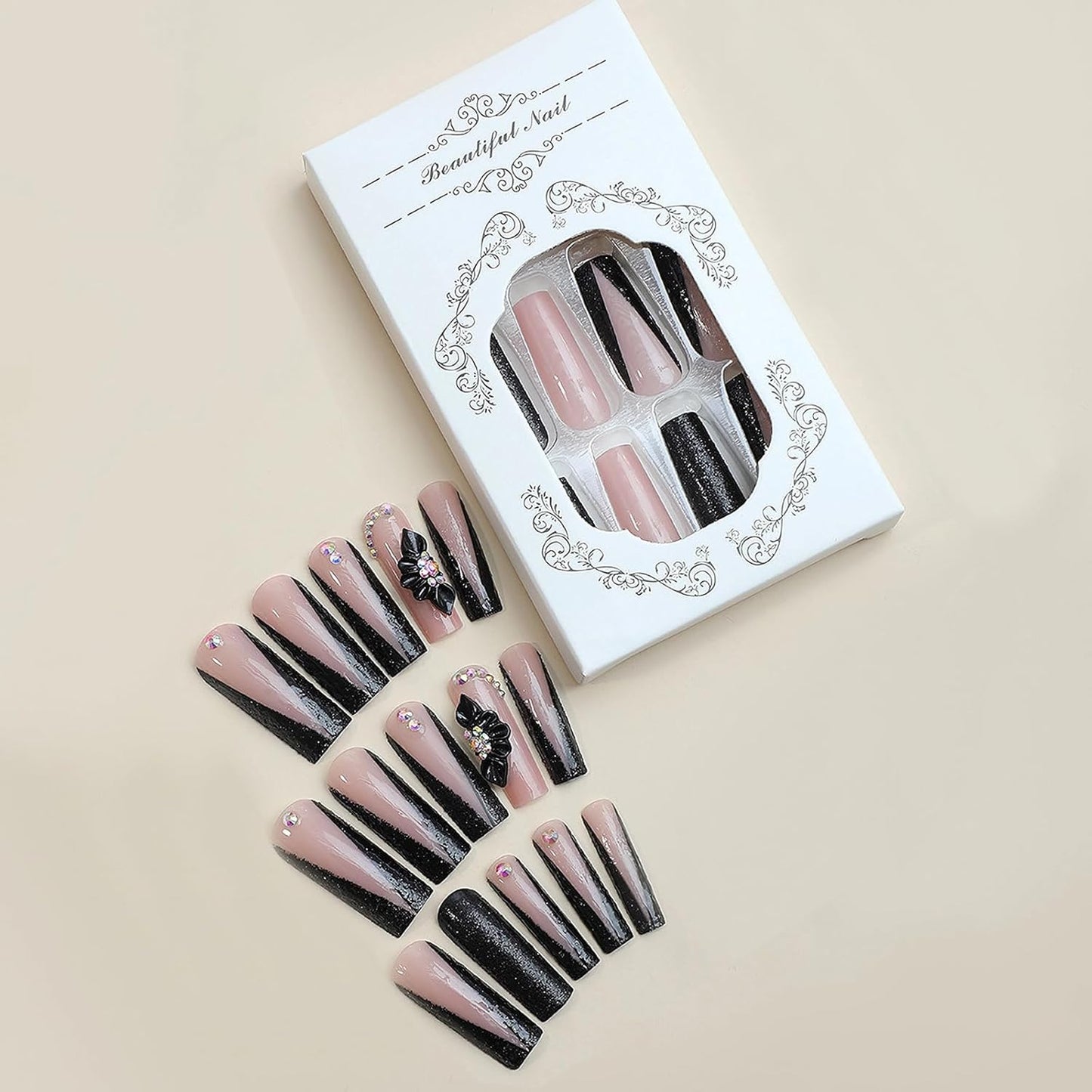 Long Square Press-On Nails with Black French Tip and Acrylic Flower Rhinestone Design - 24 Pieces