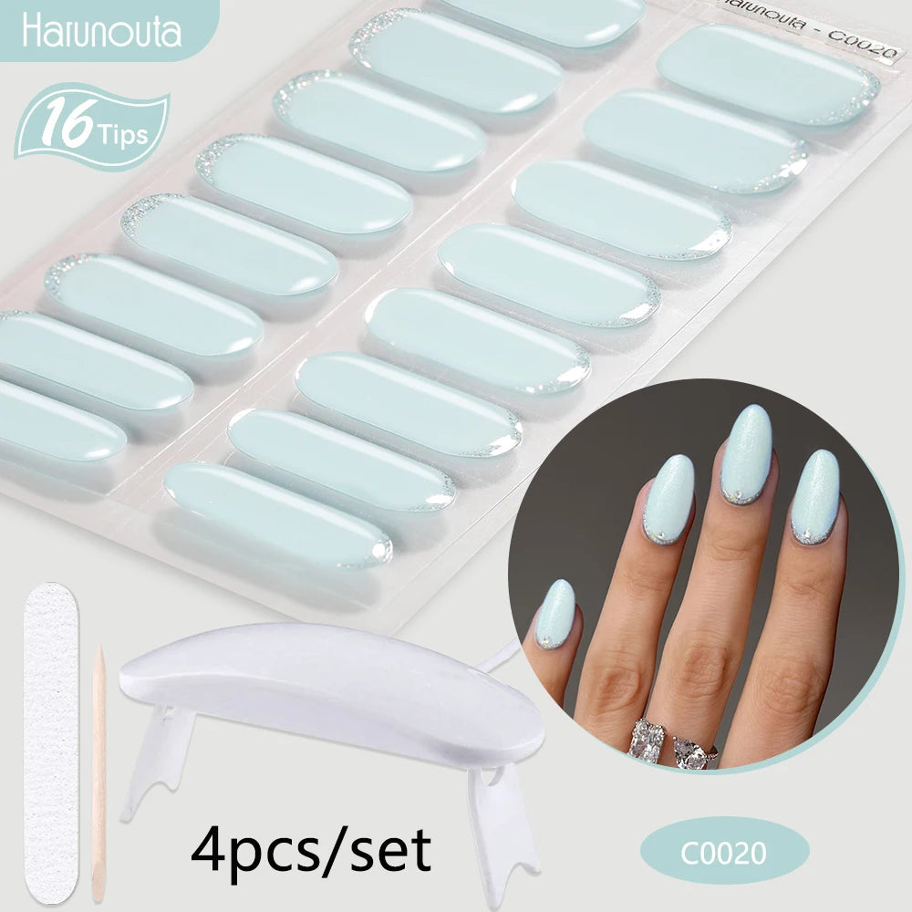 4Pcs/Set Semi Cured Gel Nail Strip with Nail Lamp Sparkly Shinning Gel Nail Polish Nail Stickers Kits Manicure Art