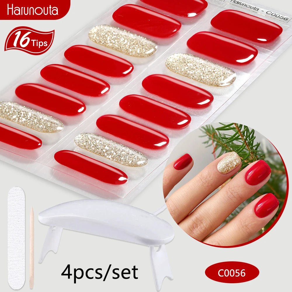 4Pcs/Set Semi Cured Gel Nail Strip with Nail Lamp Sparkly Shinning Gel Nail Polish Nail Stickers Kits Manicure Art
