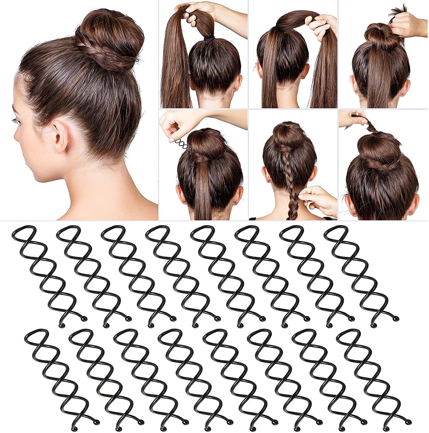 20-Piece Spiral Hair Pin Set, Rotating Non-Scratch Round Tip Twist Screw Hair Pins for Women's Bun Hairstyles, Black Spiral Bobby Pins