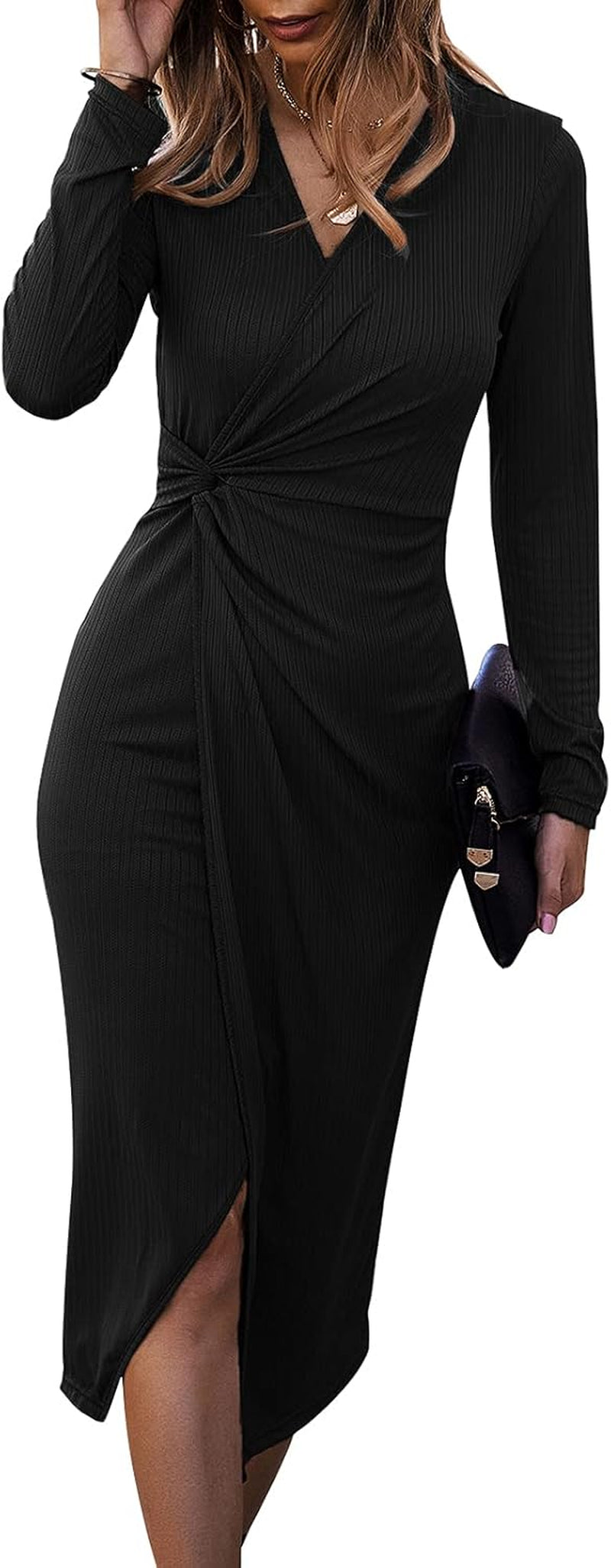 Women's Long Sleeve Midi Dress: Casual V-Neck Twist Waist Ribbed Knit Bodycon with Slit for Cocktail Parties