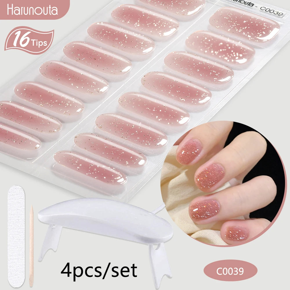 4Pcs/Set Semi Cured Gel Nail Strip with Nail Lamp Sparkly Shinning Gel Nail Polish Nail Stickers Kits Manicure Art
