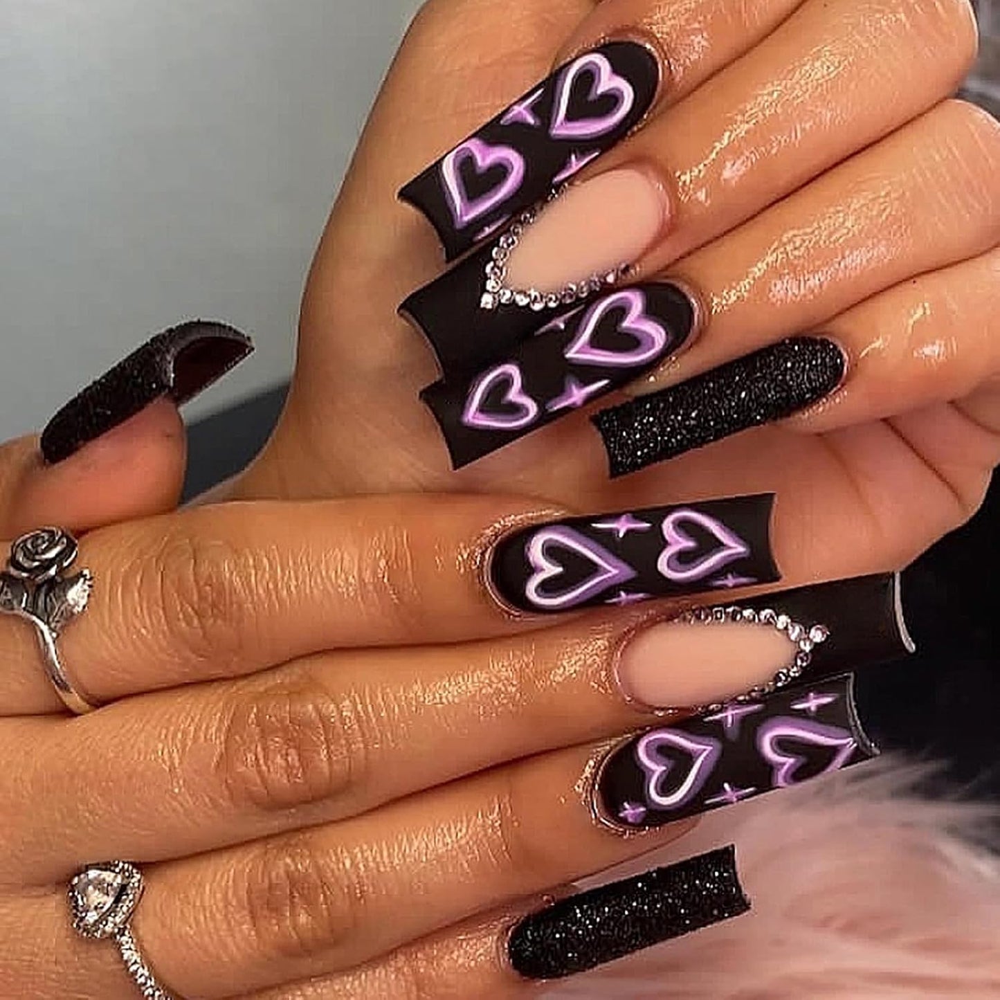 Long Square Press-On Nails with Black French Tip and Acrylic Flower Rhinestone Design - 24 Pieces