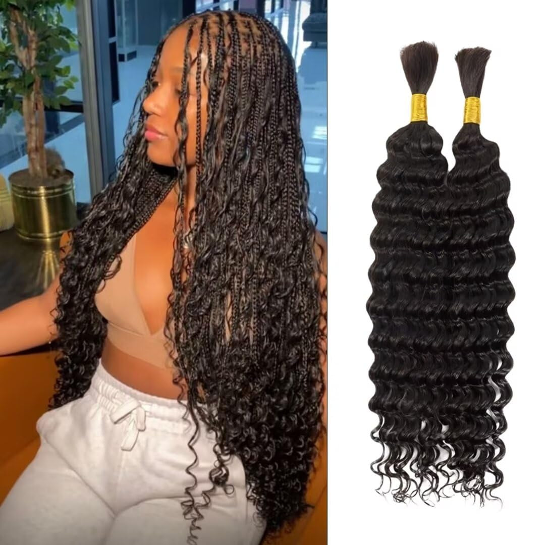Human Braiding Hair 100G 24 Inch Bulk Deep Wave Human Hair for Braiding Boho Braids Human Hair for Bohemian Knotless Braids Micro Braiding Hair No Weft Human Hair Extensions Natural Black#