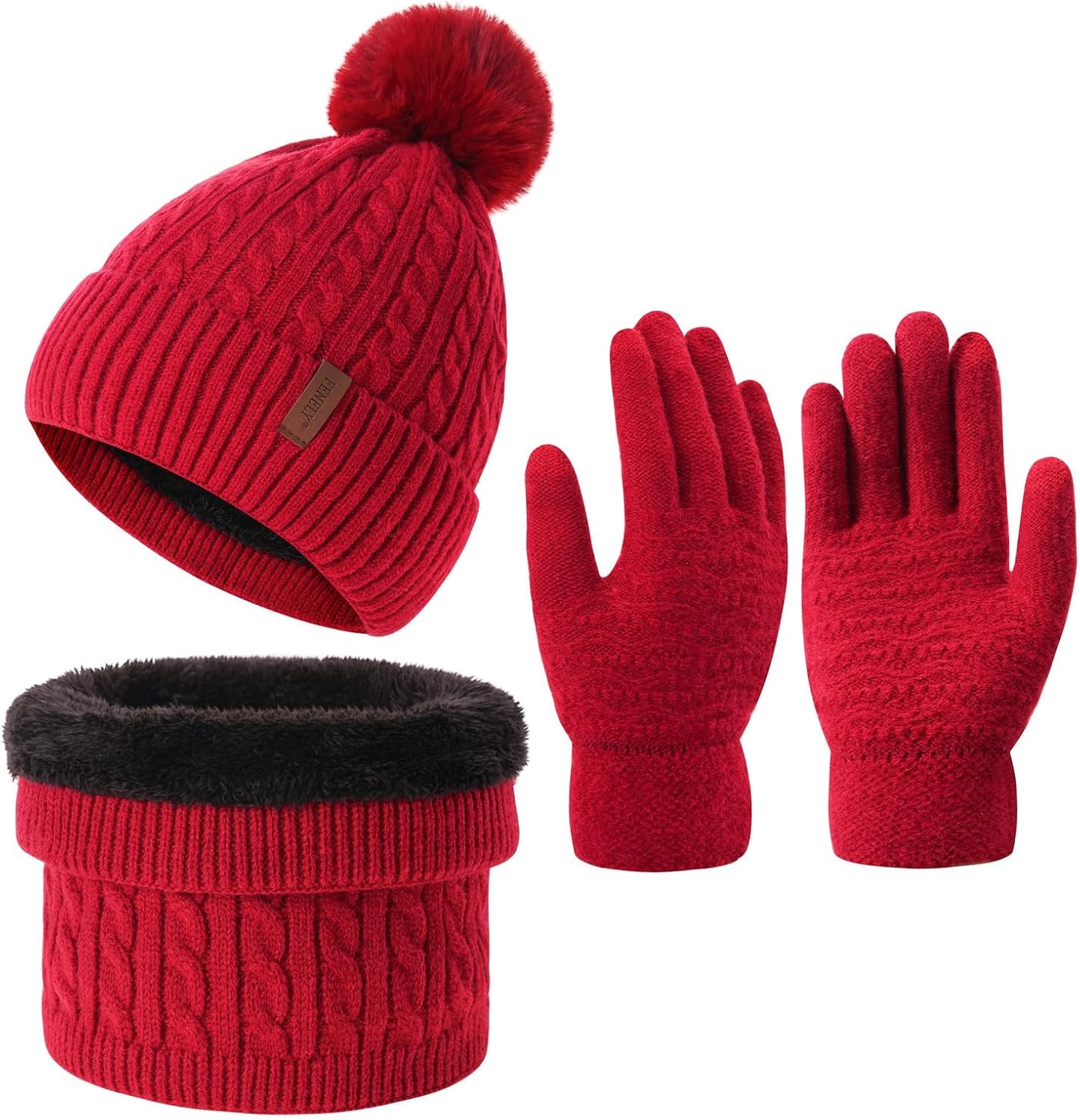 3-Piece Women's Winter Beanie, Scarf, and Touchscreen Gloves Set - Classic Knit Fleece-Lined Cable Cap