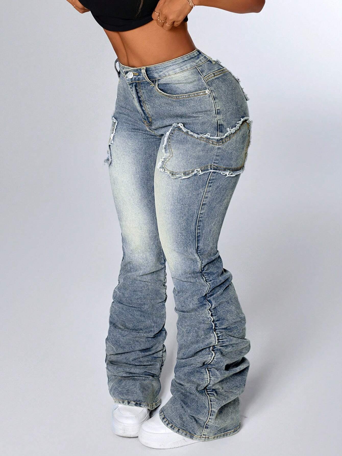 ICON Women's Patchwork Fringe Ruffle Flare Casual Versatile Stacked Jeans