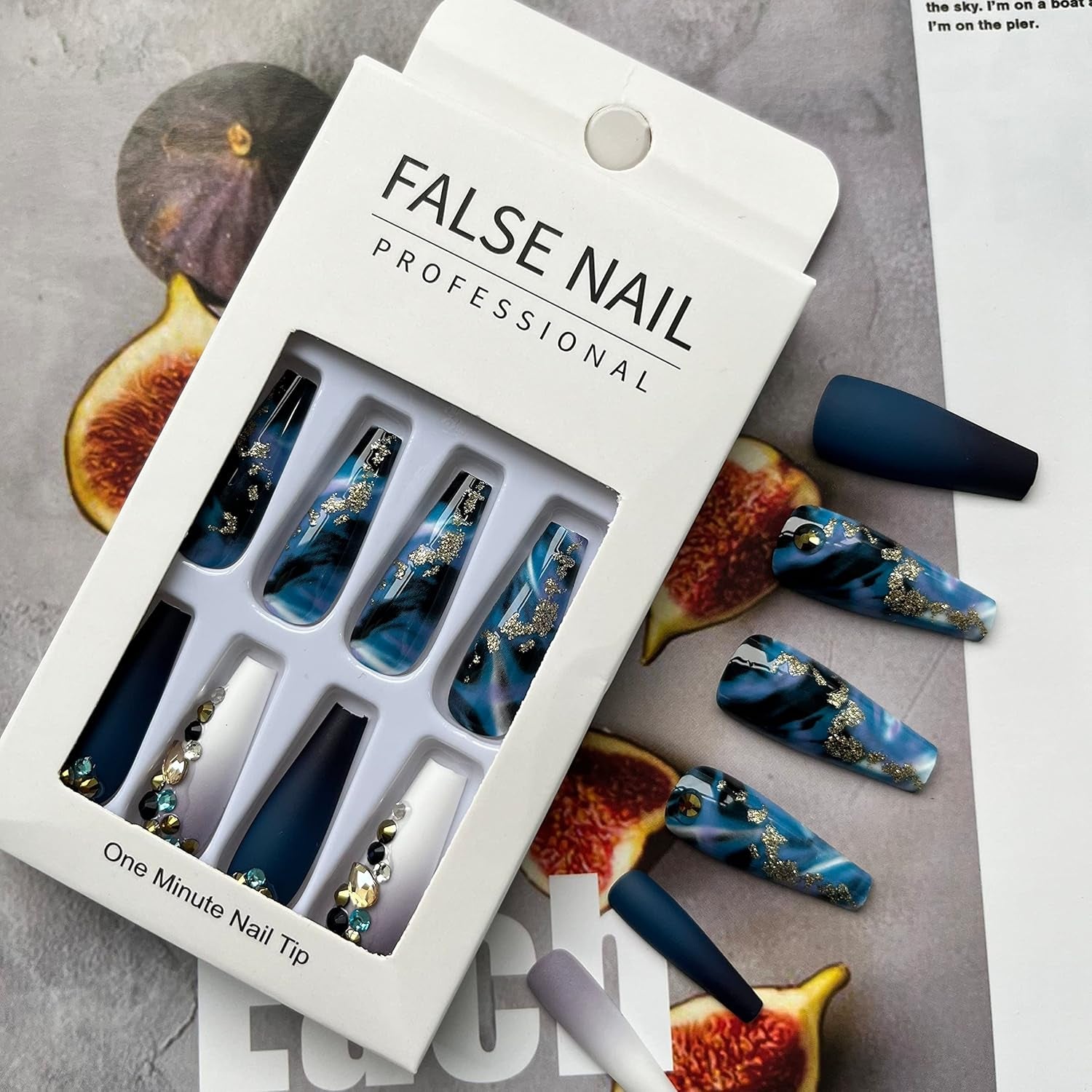 French Marble Coffin-Shaped Fake Nails with Glitter Rhinestones - 24 Piece Matte Adhesive Set for Women