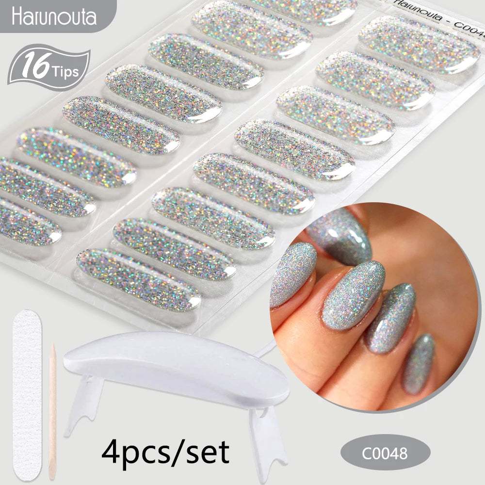 4Pcs/Set Semi Cured Gel Nail Strip with Nail Lamp Sparkly Shinning Gel Nail Polish Nail Stickers Kits Manicure Art