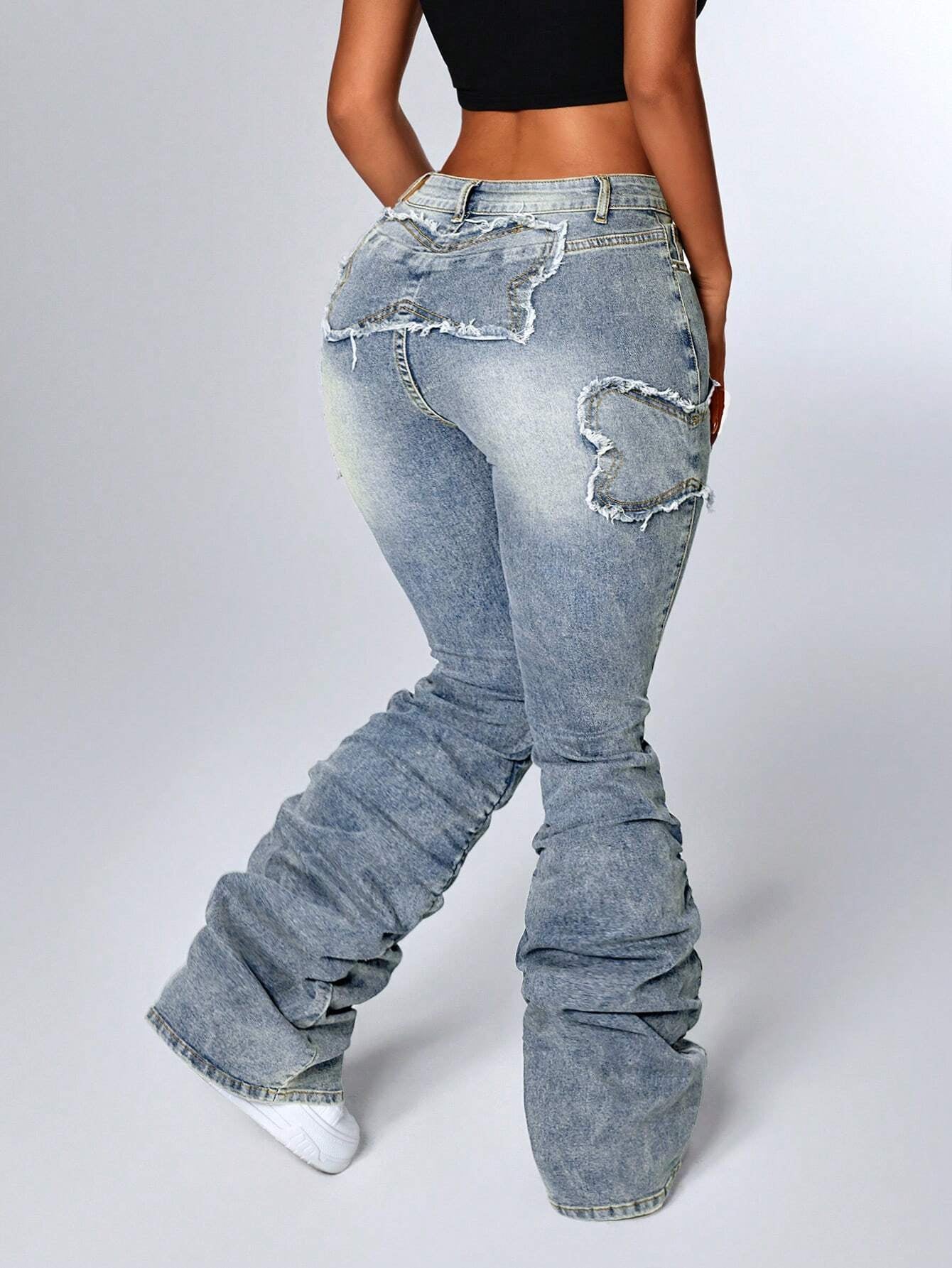 ICON Women's Patchwork Fringe Ruffle Flare Casual Versatile Stacked Jeans