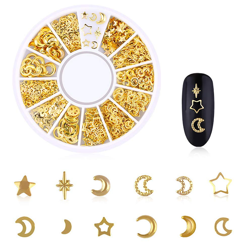 6 Boxes Gold Nail Charms Studs Rose Star Moon Feather Shape Metal Nail 3D Charm Kit 3D Nail Art Jewelry Decoration with 1Pc Tweezers and Picker Pencil Tools