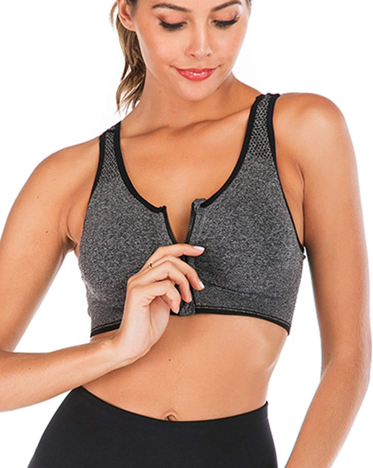 5-Pack Women's Zip Front Sports Bra - Post-Surgery Wirefree Yoga Bra with Removable Pads and Racerback Design