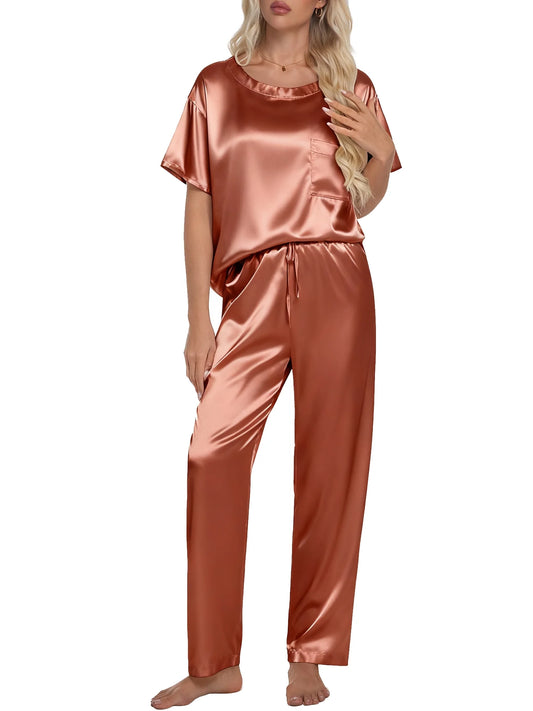 Women's Silk Satin Short Sleeve Pajama Set with Long Pants - Two-Piece Soft Sleepwear Loungewear in Caramel, Sizes S-XXL