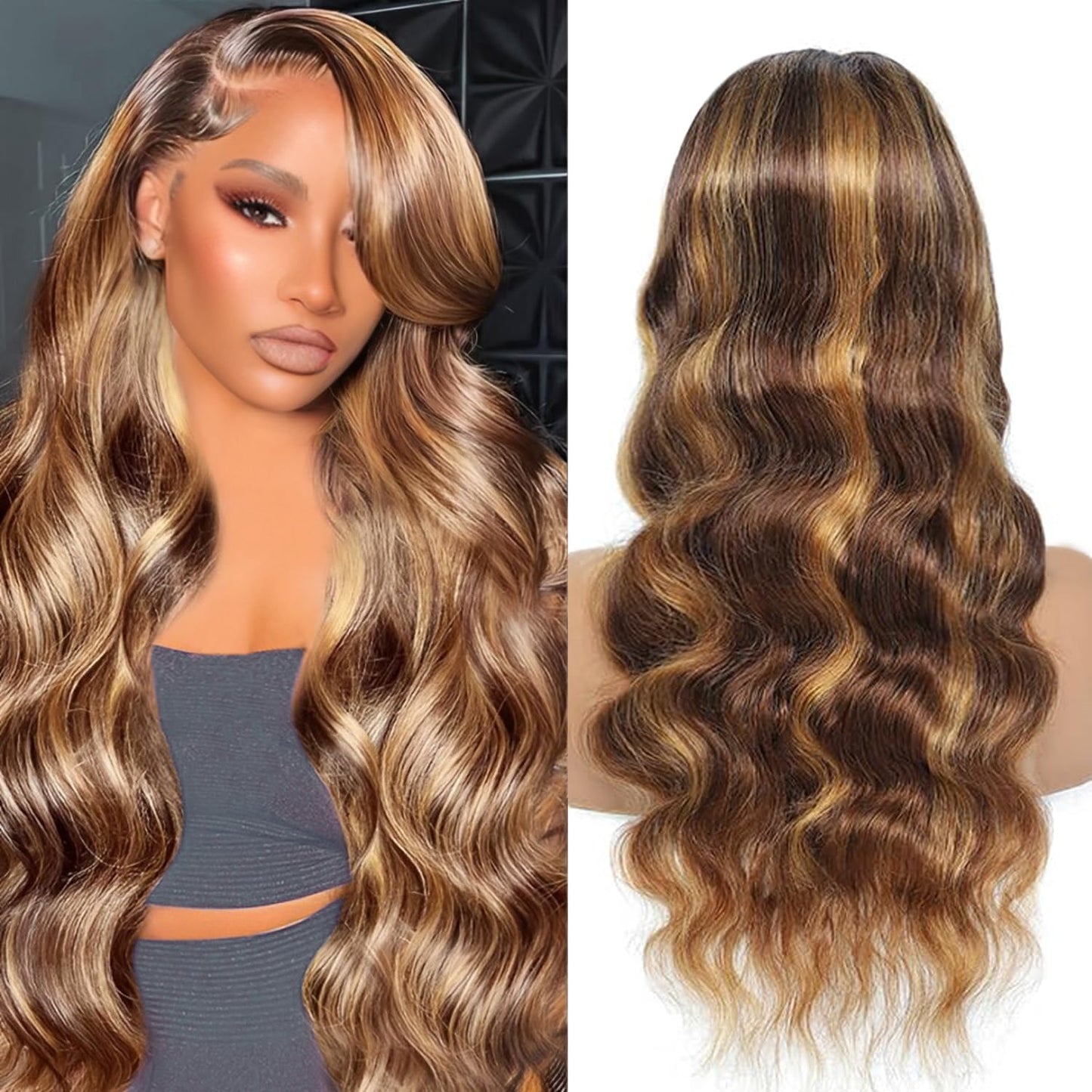 Ombre Lace Front Human Hair Wig - Pre-Plucked 1B/27 Highlights, 180 Density, 13X4 Body Wave, Glueless, 20 Inch