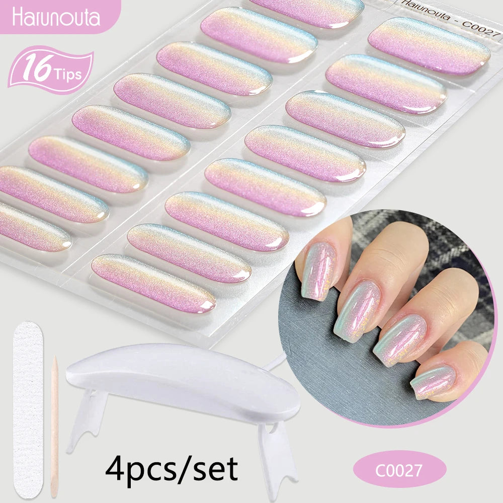 4Pcs/Set Semi Cured Gel Nail Strip with Nail Lamp Sparkly Shinning Gel Nail Polish Nail Stickers Kits Manicure Art